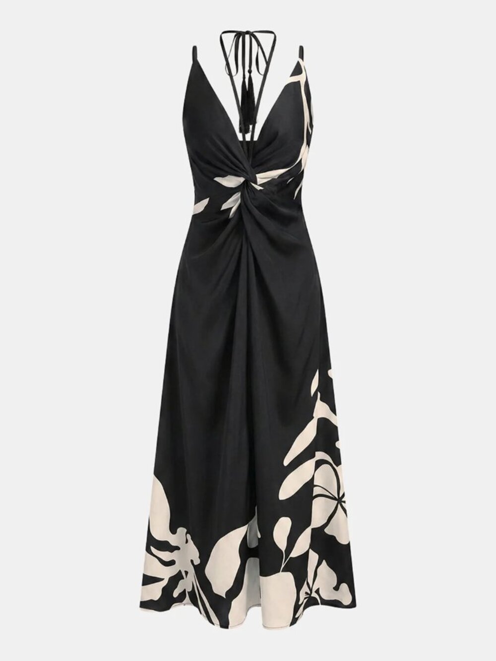 Commense Tassel Detail Twist-Front Floral Print Maxi Dress - Black - Picture 1 of 1